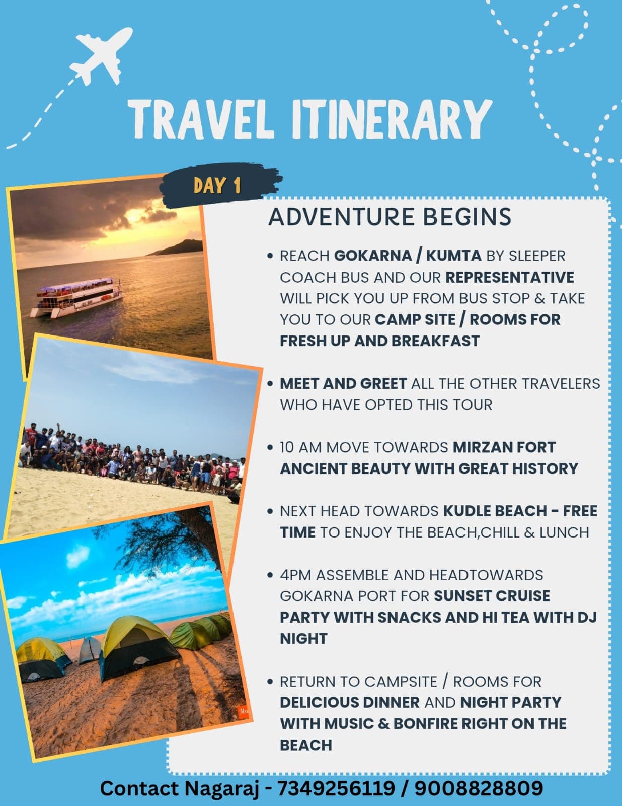 Day 1 adventure itinerary with sunset cruise and beach activities